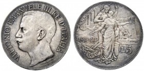 MONETE E MEDAGLIE DI ZECCHE ITALIANE 
 Savoia 
 Vittorio Emanuele III, 1900-1946. Da 5 lire 1911. Pagani 707. MIR 1135a.
 Rara. Bella patina color ...