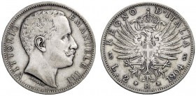 MONETE E MEDAGLIE DI ZECCHE ITALIANE 
 Savoia 
 Vittorio Emanuele III, 1900-1946. Da 2 lire 1904. Pagani 728. MIR 1139d.
 Molto rara. q.BB / BB