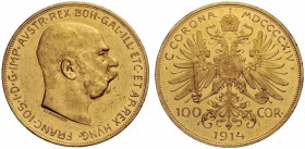 MONETE ESTERE 
 Austria 
 Francesco Giuseppe, 1848-1916. Da 100 corone 1914 Vienna. Friedberg 507.
 Rara. Migliore di BB / q.Spl
