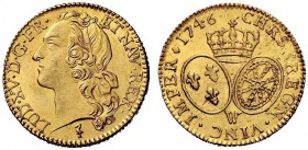 MONETE ESTERE 
 Francia 
 Luigi XV, 1715-1774. Luigi 1746 Lilla, AV 8,18 g. Friedberg 464.
 q.Fdc