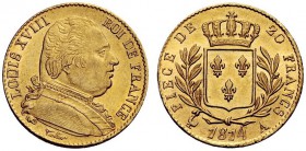 MONETE ESTERE 
 Francia 
 Luigi XVIII, 1814-1824. Da 20 franchi 1814 Parigi. Friedberg 525.
 Fdc
