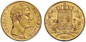 MONETE ESTERE 
 Francia 
 Carlo X, 1824-1830. Da 20 franchi 1825 Parigi. Friedberg 549.
 Spl