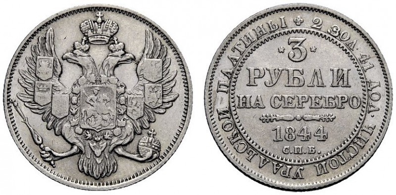 MONETE ESTERE 
 Russia 
 Nicola I, 1825-1855. Da 3 rubli 1844 San Pietroburgo,...