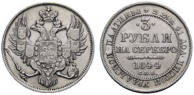MONETE ESTERE 
 Russia 
 Nicola I, 1825-1855. Da 3 rubli 1844 San Pietroburgo, Platino. Bitkin 90.
 Rara. Spl