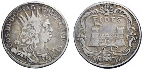 SECONDA PARTE - MONETE DI ZECCHE ITALIANE 
 Livorno 
 Cosimo III de’Medici, 1670-1723. Quarto di tollero 1683, AR 6,60 g. MIR 76.
 Molto raro. q.BB...