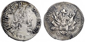 SECONDA PARTE - MONETE DI ZECCHE ITALIANE 
 Mantova 
 Ferdinando Carlo Gonzaga-Nevers, 1669-1707. Lira 1704, AR 3,42 g. MIR 739/4.
 Rara. Migliore ...