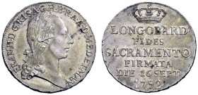 SECONDA PARTE - MONETE DI ZECCHE ITALIANE 
 Milano 
 Francesco II d'Asburgo-Lorena, 1792-1796. Lira del giuramento 1792, AR 6,25 g. Crippa 4. MIR 46...