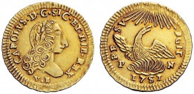 SECONDA PARTE - MONETE DI ZECCHE ITALIANE 
 Palermo 
 Carlo di Borbone, 1734-1759 . Oncia 1751 (sigle VB / PN), AV 4,37 g. Spahr 78/80. MIR 567/3. F...