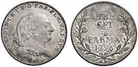 SECONDA PARTE - MONETE DI ZECCHE ITALIANE 
 Parma 
 Ferdinando di Borbone duca, 1765-1802. Da 6 lire 1796, AR 7,34. MIR 1073/2.
 Spl