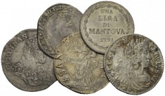LOTTI MULTIPLI 
 Mantova. Lotto di cinque monete. Carlo I Gonzaga-Nevers, 1627-1637. Lira 1633, MIR 650. Carlo II Gonzaga-Nevers, 1647-1665. Mezza li...