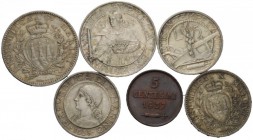 LOTTI MULTIPLI 
 San Marino. Lotto di sette monete. Da 10 lire 1937, da 5 lire 1938 (2), da 2 lire 1906, lira 1906, da 50 centesimi 1898, da 5 centes...