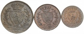 LOTTI MULTIPLI 
 Savoia 
 Carlo Felice, 1821-1831. Lotto di tre monete. Da 5 centesimi 1826. Torino. Da 3 centesimi 1826. Torino. Centesimo 1826. To...