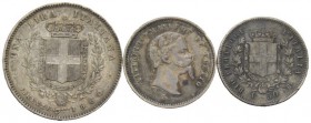LOTTI MULTIPLI 
 Savoia 
 Vittorio Emanuele II re eletto, 1859-1861. Lotto di tre monete. Da 50 centesimi 1859. Bologna. Lira 1860. Firenze. Da 50 c...