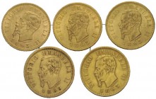 LOTTI MULTIPLI 
 Savoia 
 Vittorio Emanuele II re d'Italia, 1861-1878. Lotto di cinque monete. Da 10 lire 1863, AV. Torino (5).
 Da q.BB a Migliore...