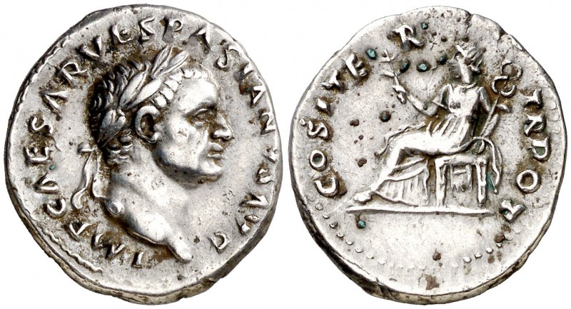 (70 d.C.). Vespasiano. Denario. (Spink 2285) (S. 94h) (RIC. 29). 3,36 g. Oxidaci...
