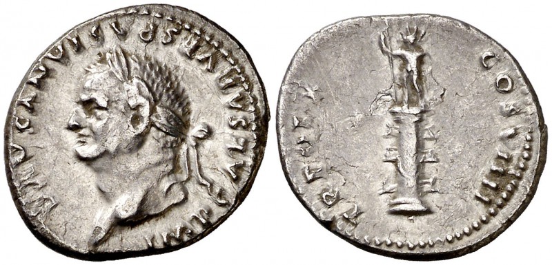 (79 d.C.). Vespasiano. Denario. (Spink 2311 var) (S. 560) (RIC. 1066). 3,04 g. M...