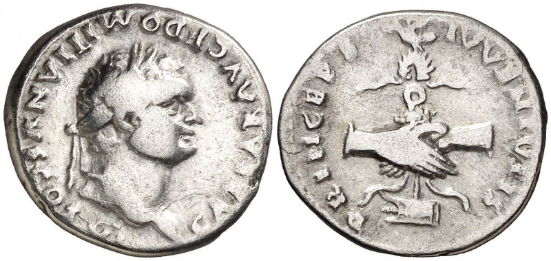 (79 d.C.). Domiciano. Denario. (Spink 2643) (S. 393) (RIC. 1081, de Vespasiano)....