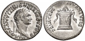 (80 d.C.). Domiciano. Denario. (Spink 2676) (S. 397a) (RIC. 266, de Tito). 3,35 g. MBC.