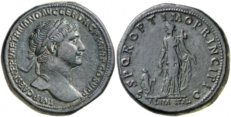 (111 d.C.). Trajano. Sestercio. (Spink 3177) (Co. 7) (RIC. 459). 28,37 g. Campos...