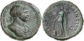 (107 d.C.). Trajano. Sestercio. (Spink falta) (Co. 367 var) (RIC. 478 var). 24,41 g. Campos repasados. Pátina verde. (EBC-).
