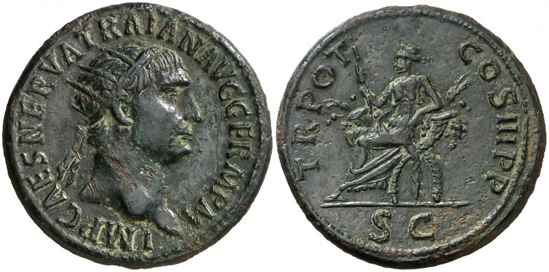 (100 d.C.). Trajano. Dupondio. (Spink 3225 var) (Co. 629) (RIC. 411). 12,18 g. P...