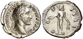 (148-149 d.C.). Antonino pío. Denario. (Spink 4069 var) (S. 218) (RIC. 180). 3,36 g. EBC-.