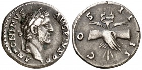 (146 d.C.). Antonino pío. Denario. (Spink 4078) (S. 344) (RIC. 136). 3,54 g. MBC.