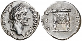 (146 d.C.). Antonino pío. Denario. (Spink 4079) (S. 345) (RIC. 137). 3,48 g. MBC+.