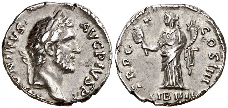 (145 d.C.). Antonino pío. Denario. (Spink 4089) (S. 490a) (RIC. 155). 3,41 g. MB...