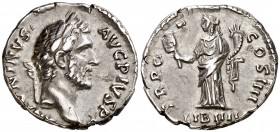 (145 d.C.). Antonino pío. Denario. (Spink 4089) (S. 490a) (RIC. 155). 3,41 g. MBC+.