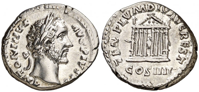 (158 d.C.). Antonino pío. Denario. (Spink 4107 var) (S. 809) (RIC. 143). 3,34 g....