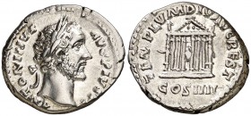 (158 d.C.). Antonino pío. Denario. (Spink 4107 var) (S. 809) (RIC. 143). 3,34 g. MBC+.
