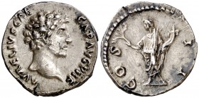 (145 d.C.). Marco Aurelio. Denario. (Spink 4782 var) (S. 110) (RIC. 429a, de Antonino pío). 3,12 g. EBC-.