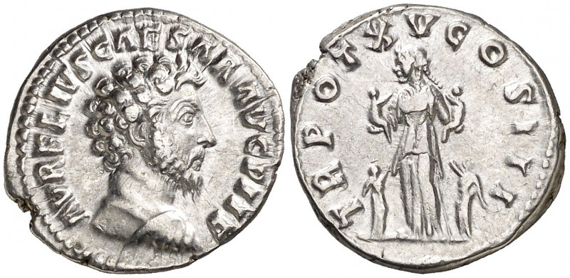 (161 d.C.). Marco Aurelio. Denario. (Spink 4799) (S. 774a) (RIC. 490, de Antonin...
