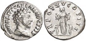 (161 d.C.). Marco Aurelio. Denario. (Spink 4799) (S. 774a) (RIC. 490, de Antonino pío). 3,49 g. MBC+.