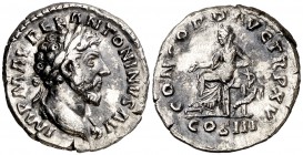 (161 d.C.). Marco Aurelio. Denario. (Spink 4882 var) (S. 31 var) (RIC. 4). 3,08 g. MBC.