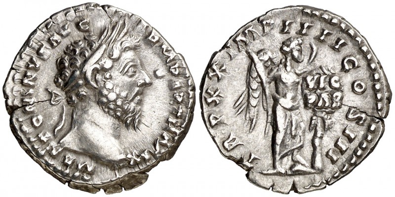 (166 d.C.). Marco Aurelio. Denario. (Spink 4933) (S. 878) (RIC. 163). 3,36 g. Gr...