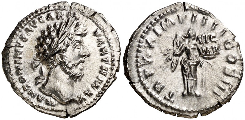 (166 d.C.). Marco Aurelio. Denario. (Spink 4933) (S. 878) (RIC. 163). 3,13 g. EB...