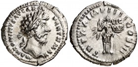 (166 d.C.). Marco Aurelio. Denario. (Spink 4933) (S. 878) (RIC. 163). 3,13 g. EBC-/MBC+.