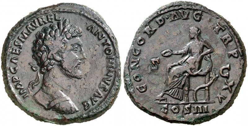 (161 d.C.). Marco Aurelio. Sestercio. (Spink falta) (Co. falta) (RIC. 794 var). ...