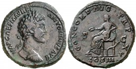(161 d.C.). Marco Aurelio. Sestercio. (Spink falta) (Co. falta) (RIC. 794 var). 29,07 g. MBC.