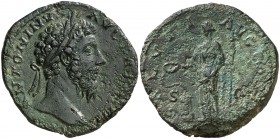 (169 d.C.). Marco Aurelio. Sestercio. (Spink 4998) (Co. 544) (RIC. 964). 22,90 g. Pátina verde. MBC/MBC-.
