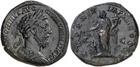 (175 d.C.). Marco Aurelio. Sestercio. (Spink falta) (Co. 921 var) (RIC. 1155 var). 23,03 g. MBC.