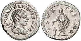 (218-219 d.C.). Eliogábalo. Denario. (Spink 7556 var) (S. 307a) (RIC. 203). 3,04 g. EBC-.