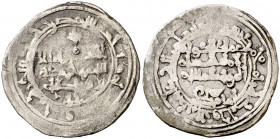 AH 446. Taifa de Zaragoza. Ahmed I al-Moqtadir. Sarqusta. Dirhem. (V. 1179) (Prieto 265g). 4,08 g. Rara. MBC-.