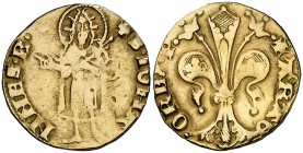 Pere III (1336-1387). Barcelona. Florí. (Cru.V.S. 389) (Cru.C.G. 2210). 3,36 g. Marca: rosa de puntos. Sirvió como joya. Limpiada. MBC-.