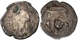 1598. Felipe II. Perpinyà. Doble sou. (Cal. 839) (Cru.C.G. 3806a). 1,85 g. Contramarca: cabeza de San Juan. MBC-.