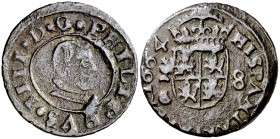 1664. Felipe IV. Cuenca. . 8 maravedís. (Cal. tipo 299, error fechas) (J.S. M-208). 2,01 g. Muy rara. MBC.