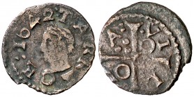 1642. Guerra dels Segadors. Tàrrega. 1 diner. (Cal. 222) (Cru.C.G. 4659 var). 0,51 g. Busto de Lluís XIII a izquierda. Escasa. MBC.