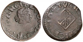 1643. Guerra dels Segadors. Vic. 1 diner. (Cal. 229) (Cru.C.G. 4681 var). 1,40 g. Lluís XIV. MBC-.